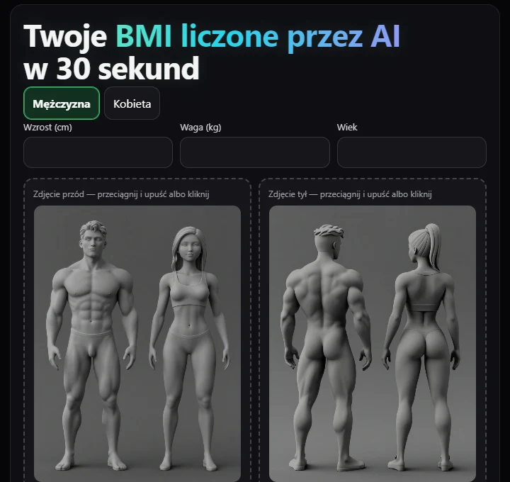 Interfejs ileBMI z formularzem kalkulatora i polami na zdjęcia sylwetki