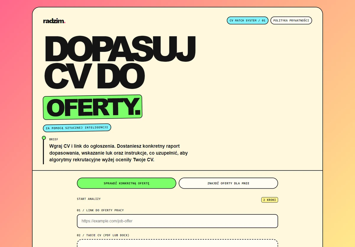 Strona Radzim z hasłem Dopasuj CV do oferty i formularzem analizy CV
